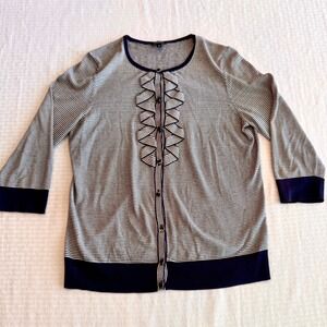 Talbots Womens Med Navy White Striped Ruffle Front 3/4 Sleeve Cardigan Sweater